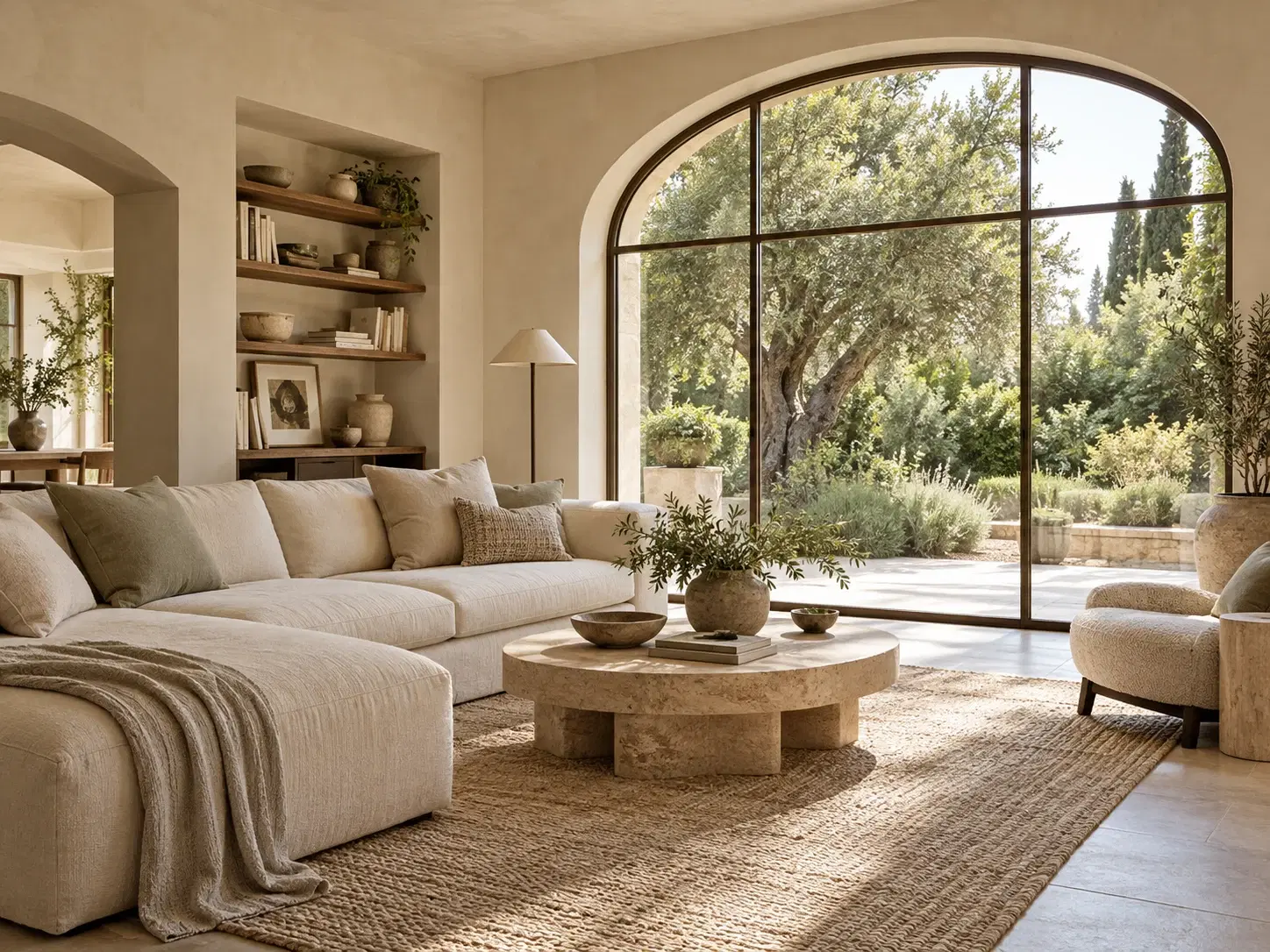 A warm, sunlit living room with linen seating and an arched window opening onto a garden