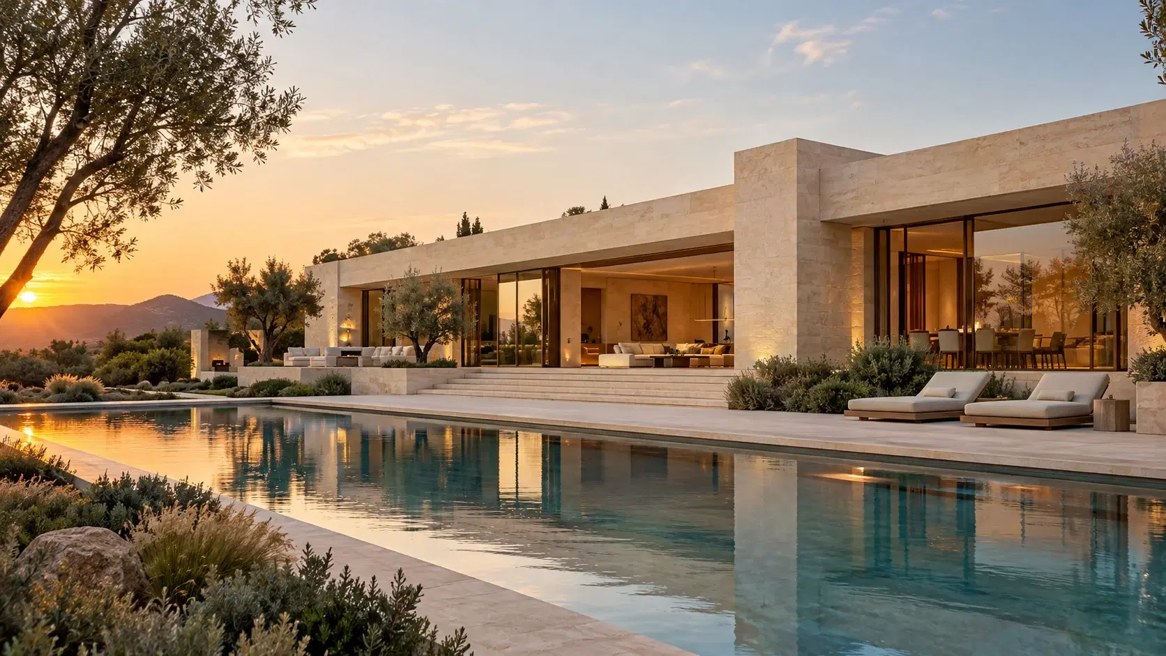Stone architecture and a pool reflecting the evening light